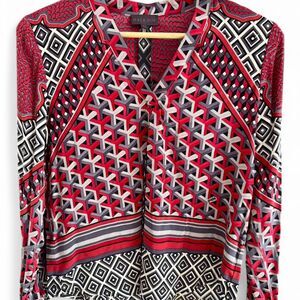 Hale Bob Silk Blend Red Geometric Print Blouse L - NWOT